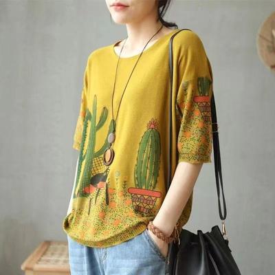 Summer Fall Fashion Clothes Vintage Floral Print Harajuku Retro Women Round Neck Half-sleeve Knit Sweaters Lady Loose Pullovers