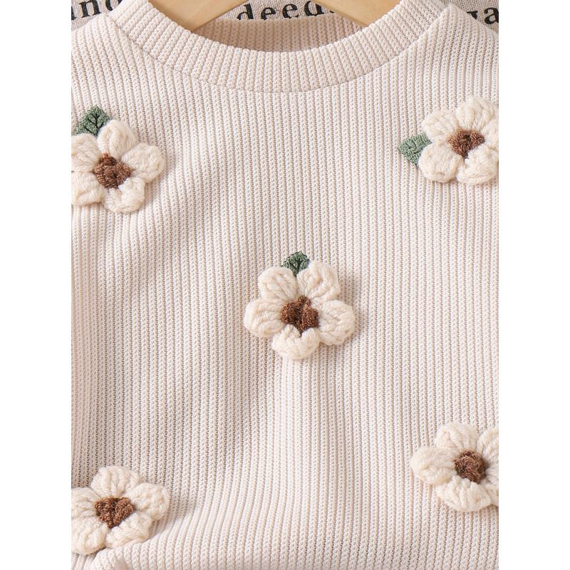 Pullover im Landhausstil mit langen Ärmeln, gestricktes Sweatshirt mit Blumenmuster + gewaschene lange Jeanshose, zweiteiliges Set