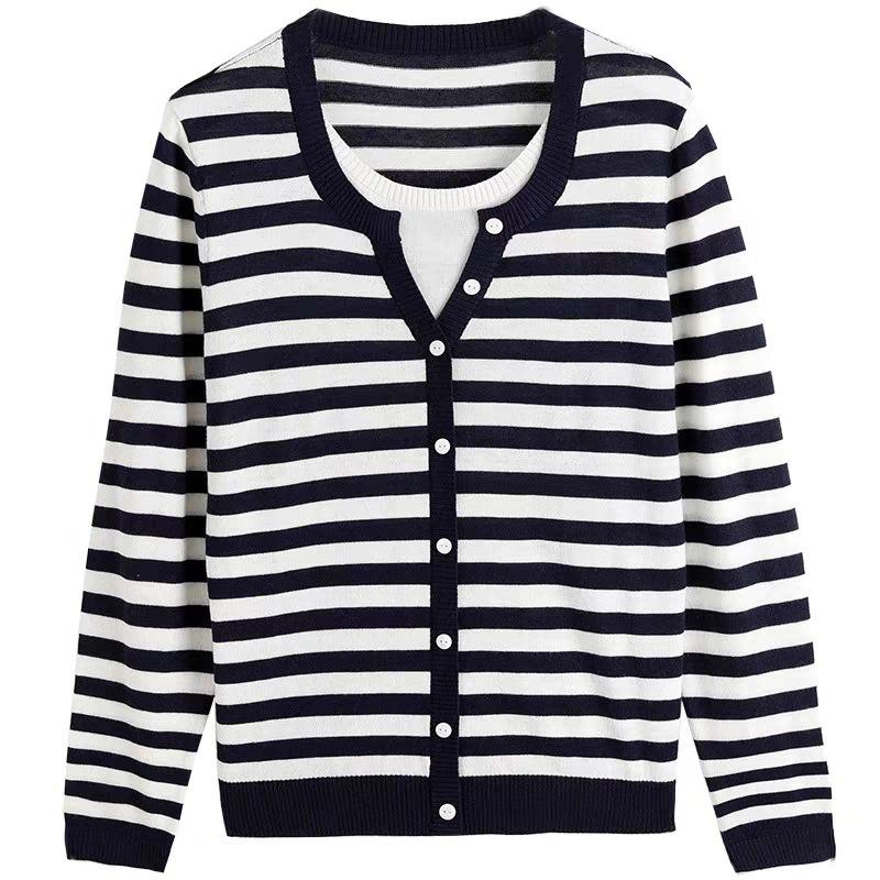 Spring and Autumn Women's Fashion Korean Striped Long Sleeve Tops Age Reducing Outerwear Knitwear