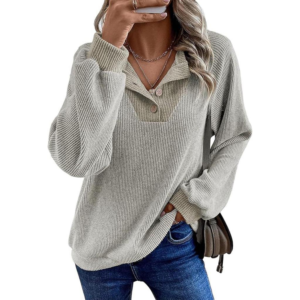Women's Pullover Lapel Sweatshirt Fashionable Stitching Contrast Color Top