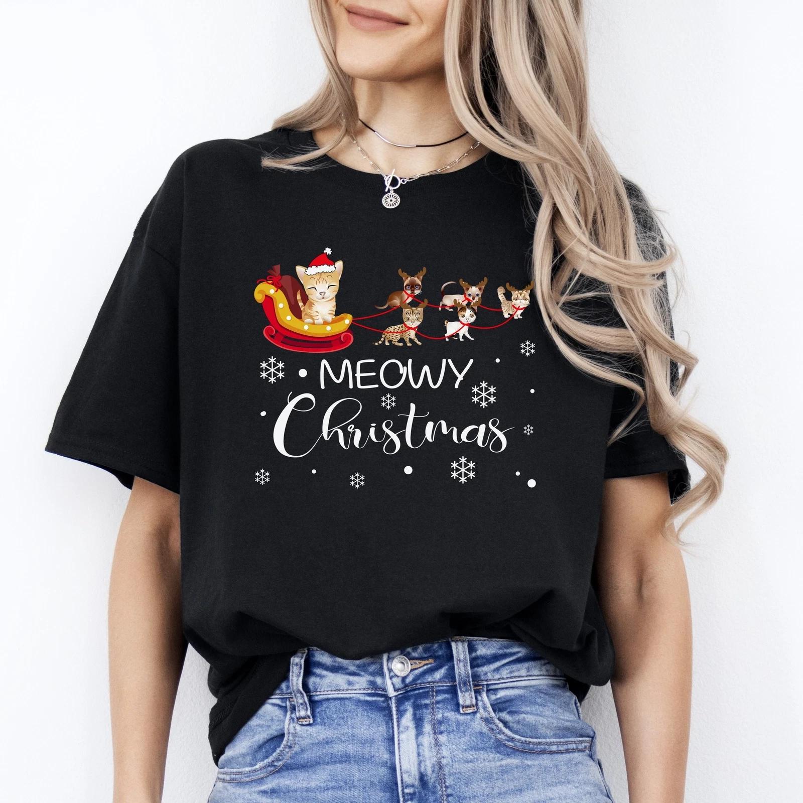Meowy Christmas Design T-Shirt gift Cat Santa Cat mom Unisex Tee Black Navy Dark 3XL