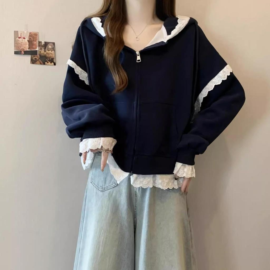Inotenka Hoodie with Lace Flattering Slimming Loose Plus Long Solid Perfect for and Casual and Winter Women's Zip-Up Trim, Top, Outerwear, Fit, Cute,