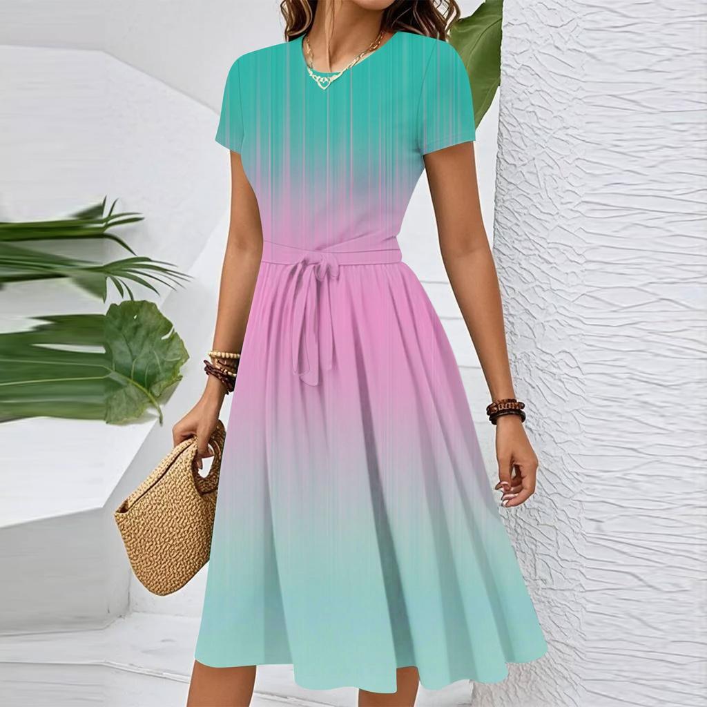 Damen Casual Farbverlauf Kurzarmkleid mit Taillengürtel Elegantes Rundhals-Sommerkleid in Midi-Länge
