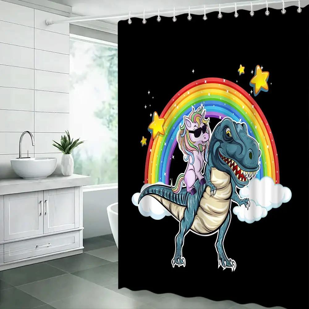 

Funny Cartoon Shower Curtain Cool Unicorn Riding Cute Dinosaur With Rainbow Shower Curtains Polyester Fabric Kids Bath Curtain W60H190(CM)-1 Pcs