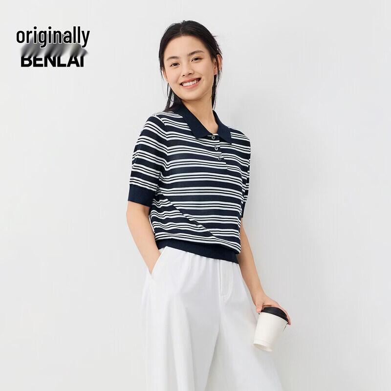 BENLAI Women s Striped Knit Polo Short-Sleeve Top L