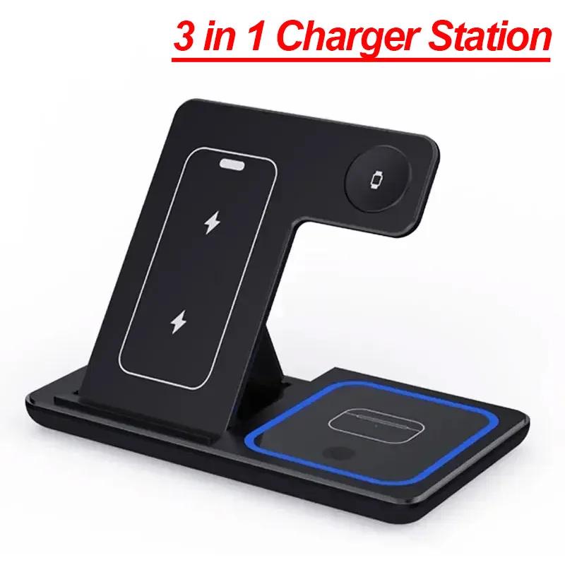 

Foldable Wireless Charging Station for iPhone 16 15 14 13 12 iWatch 10/9/8/7 Ultra Airpods 4 Pro 3 in 1 Fast Charger Stand Dock чёрный