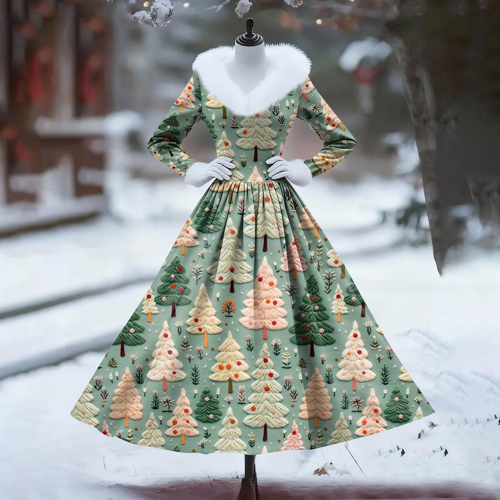 Women's Casual Dress Long-Sleeve V-Neck Patchwork Fleece Christmas Print Dress