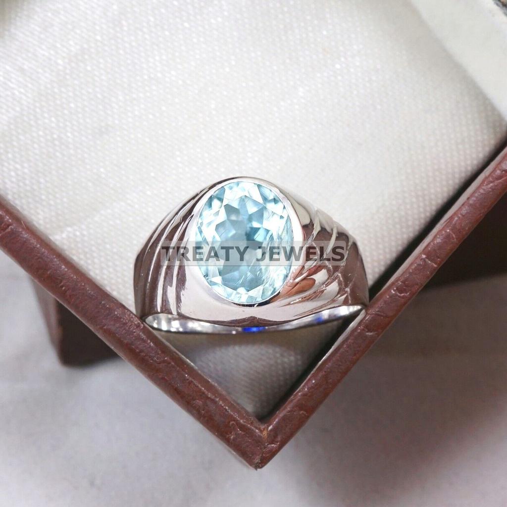 Aquamarine Oval Cut Gemstone With 925 Sterling Silver Ring For Men's #A762 JL375659112397