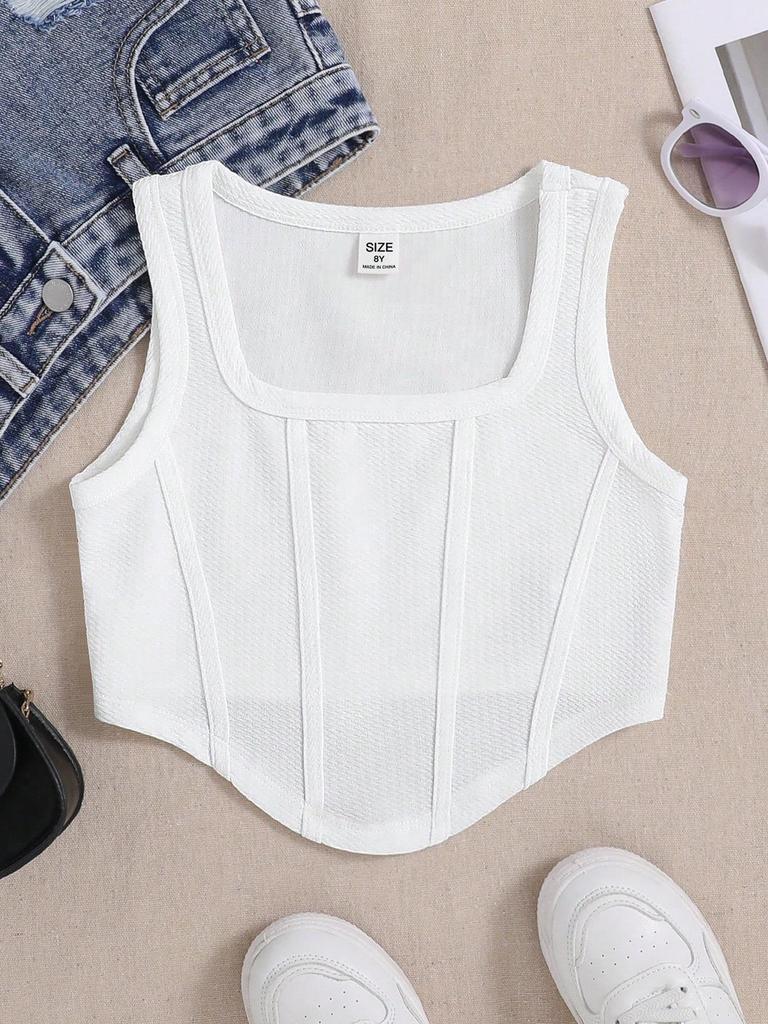 Girls' Summer Fishbone Waist-Cinched Cropped Top, Square Neck Slim Sleeveless Vest