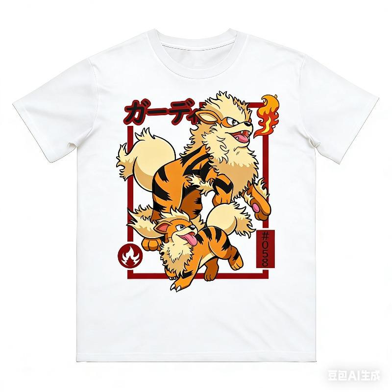 Growlithe Evolution Aufdruck Reines Baumwoll-T-Shirt für Damen und Herren Frühling/Sommer Neue Kollektion Mode Kurzarmshirt