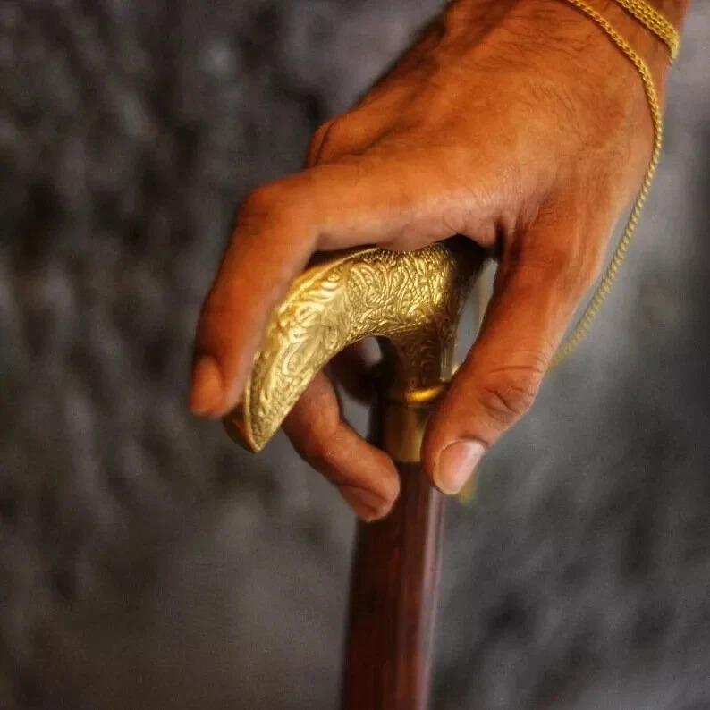 Brass Handle Vintage Style Wooden Shaft Walking Cane Stick Victorian Style Gift