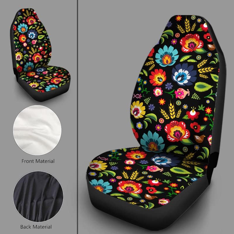 Bulopur Black Boho Floral Car Seat Covers Front Seats Only for Women Men Seat Covers w/Organizer Pocket for Cars SUV Truck Sedan