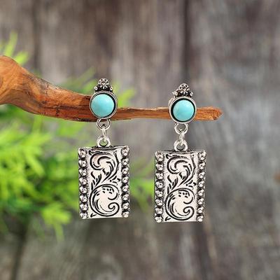 Bohemian Western-Style Alloy Square Plate Turquoise Drop Earrings for Women