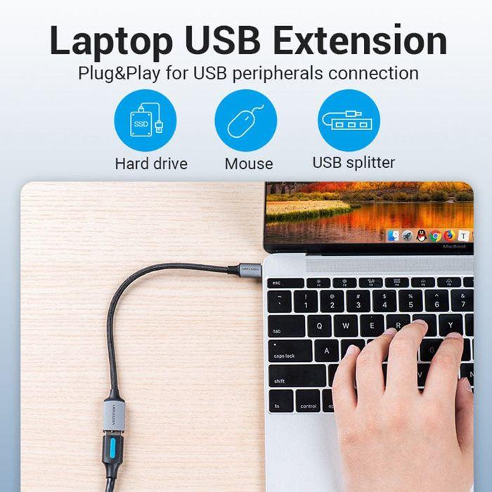 Adaptateur Type-C vers USB 3.0, avec fonction OTG, 5 Gbit/s, Gaming, coton tressé - Vention (CCXHB) - Gris
