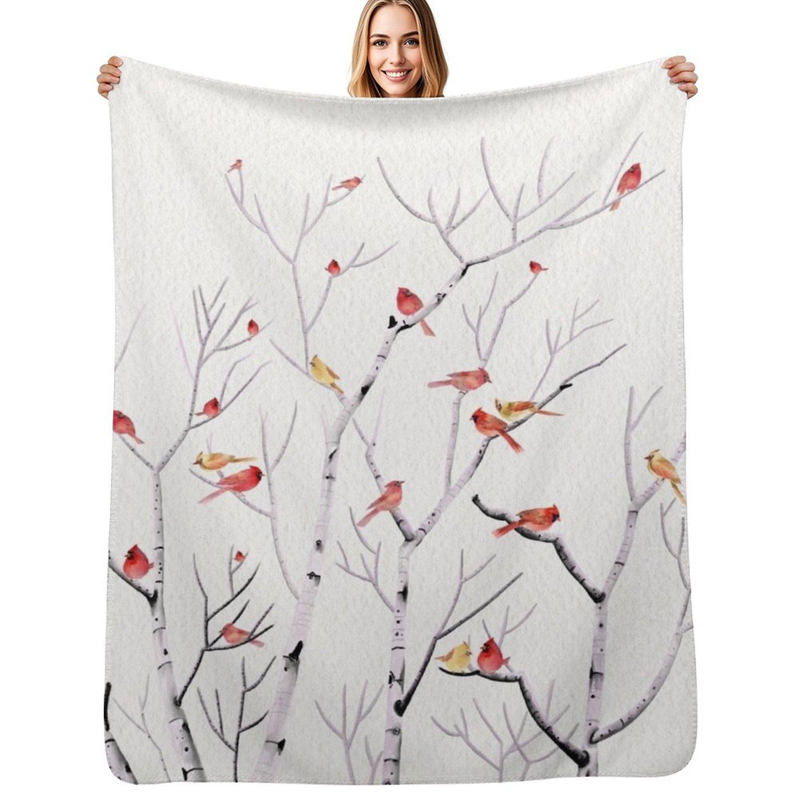 Birch Tree and Cardinal 2 Throw Blanket Soft Sherpa Fleece Warm Blanket for Winter Size: 75*100cm, Weight: 230 GSM