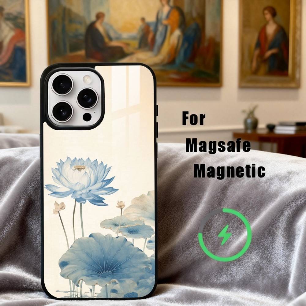 E-Emerald W-White Lotus Phone Case For iPhone17,16,15,14,13,12,11 Plus,Pro Max Magnetic For Magsafe Wireless Charging