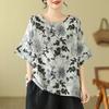Cotton and Linen Short-sleeved Summer T-shirt New Loose Literary Retro Printed Flesh-covering Casual Top for Women