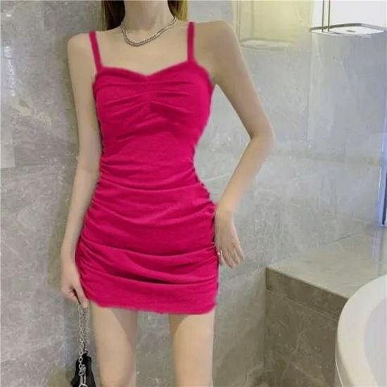 Elastic Off-Shoulder Pleated Mini Dress with Straps, Flaw-Hiding, Sexy Bodycon Skirt