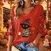 Women's V-Neck Casual Halloween Print Three-Quarter Sleeve Top