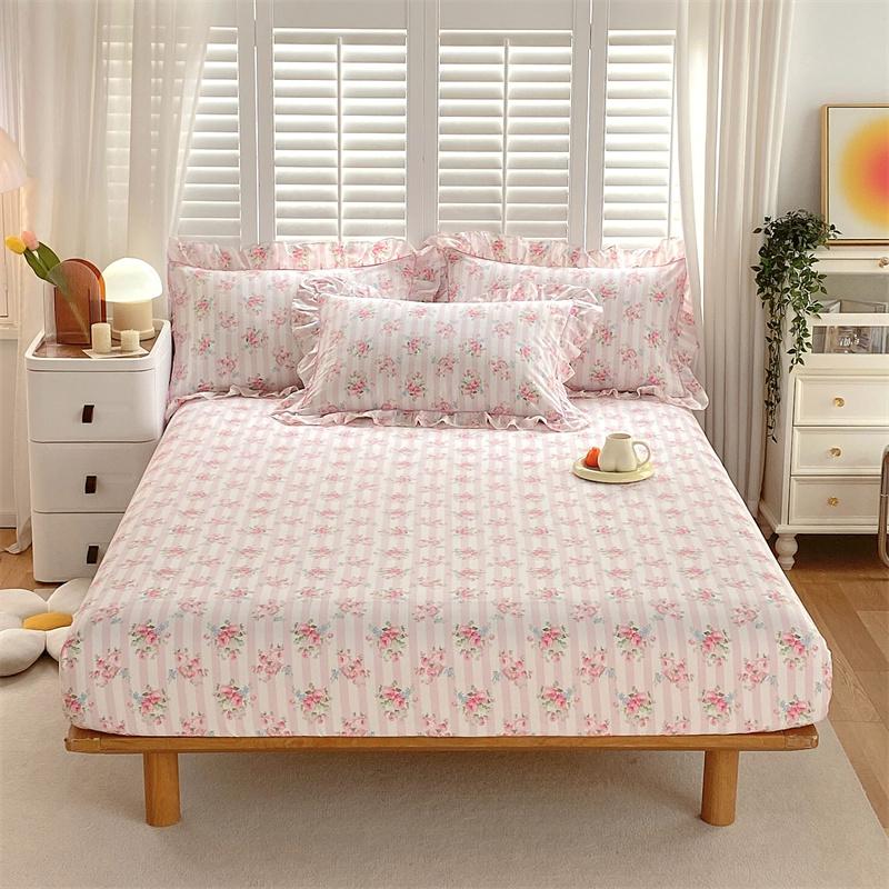 Bonenjoy 1 Pc 100%Cotton Fitted Sheet Floral Flower Printed Bed Cover With Elastaic Queen/King Size Bed Fitted Sheet 180X200Cm