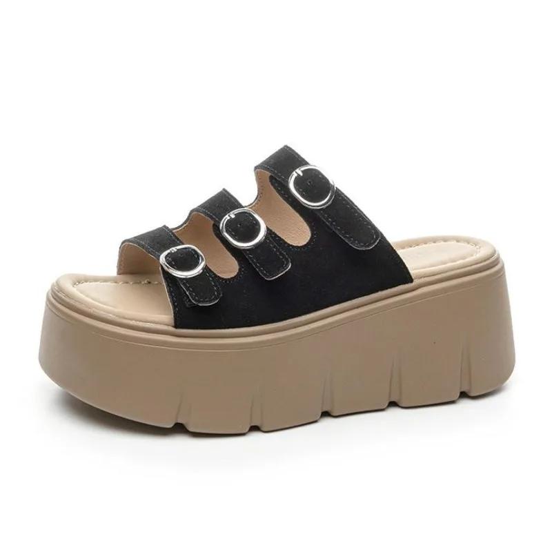 Fashion 7CM Suede Synthetic Microfiber Genuine Leather Sandals Summer Slipper Flats Women Chunky Sneakers Slippers Platform Wedge Shoes