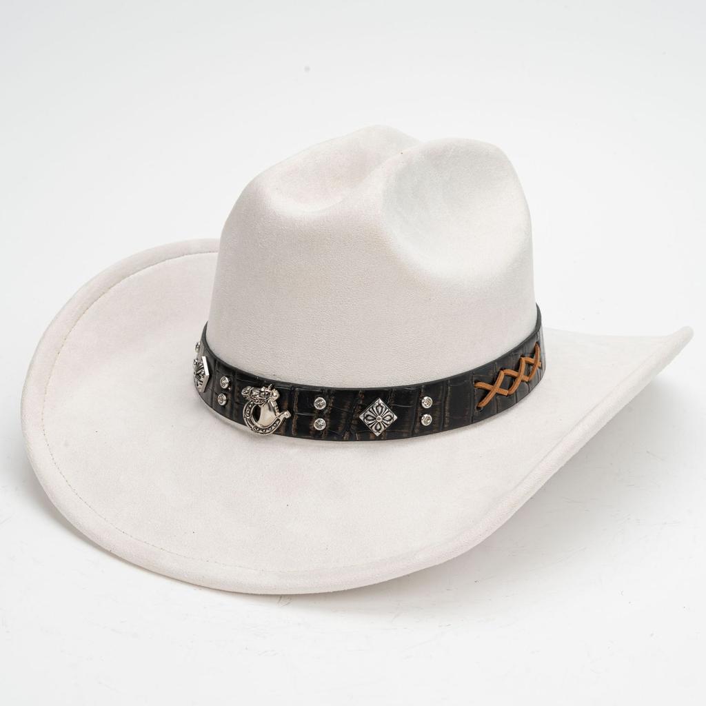 Suede Western Cowboy Hat Vintage Metal Jazz Hat Men's and Women's Ethnic Style Autumn and Winter Big-brimmed Top Hat