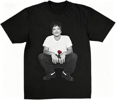 Bruno Mars Red Rose Portrait Vintage Graphic Black Crew Neck Short Sleeve Pop Fan Casual Cotton Merch Tee Top Shirt