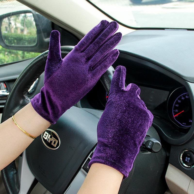 Women's Gold Velvet Etiquette Gloves - Knitted Warm Five-Finger Design for Autumn and Winter
