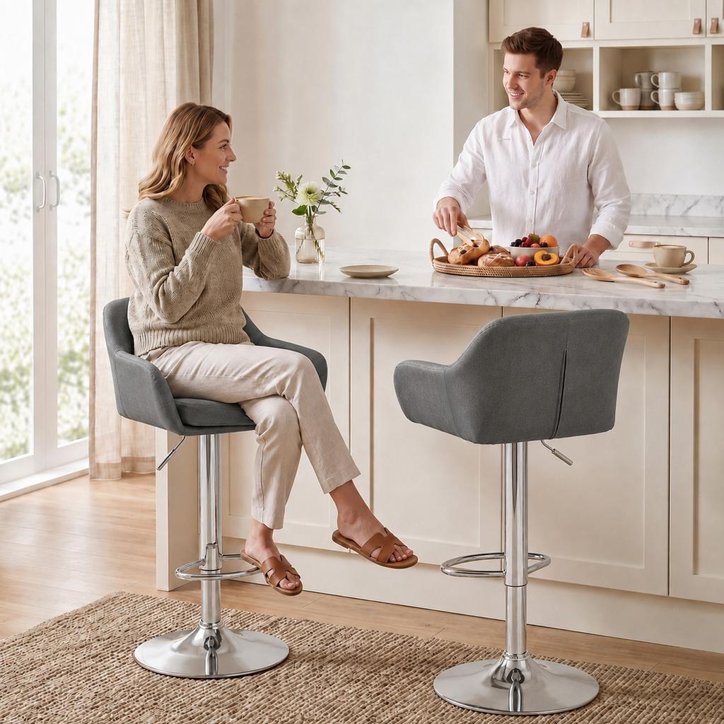 Set of 2 Swivel Bar Stools In Velvet with Adjustable Height, Footrest, Backrest, Metal Base, Gray