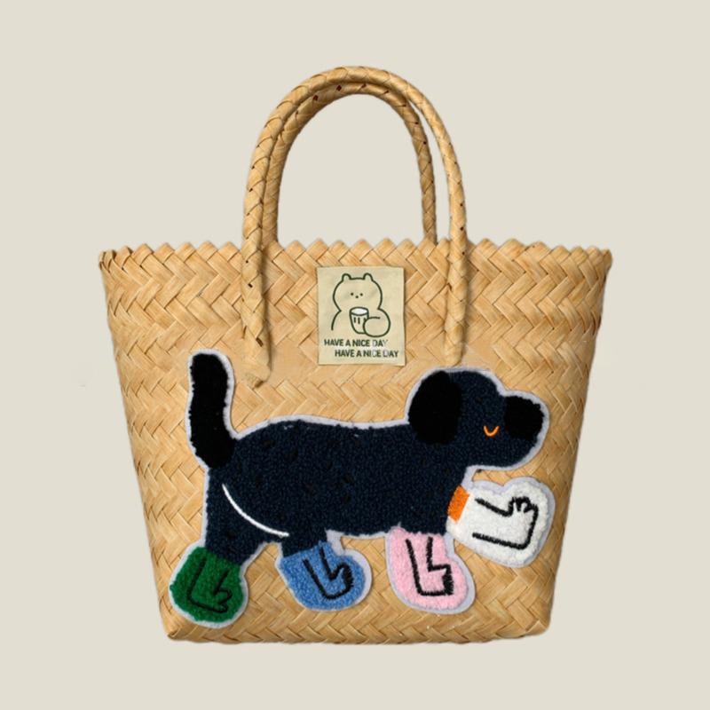 Retro Striped Dachshund Dog Woven Bag Trendy Cute Handbag Large Capacity Tote Bag  Bamboo Handle Vegetable Basket Bag