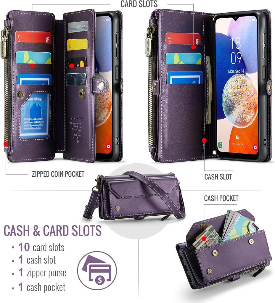 for Samsung Galaxy A14 Wallet Case with RFID Protection, Card Slots, Kickstand, Detachable Strap – Shockproof PU Leather Flip Crossbody Phone Cover