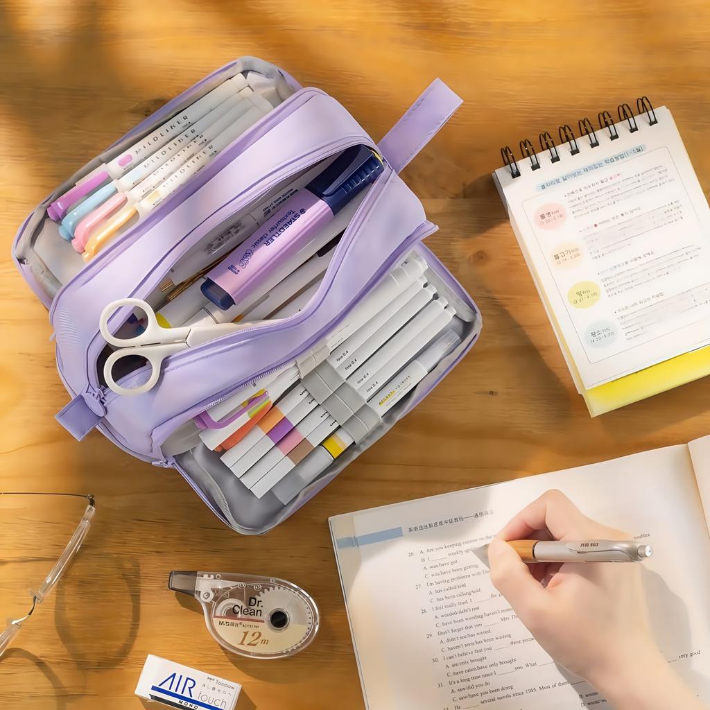 Large-capacity pencil case simple solid color stationery box double-layer multifunctional pencil case student school supplies