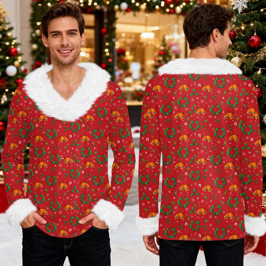 Męska bluza z kapturem z nadrukiem świątecznym, podszyta polarem | Sweter imprezowy z imitacją obszycia i kieszenią | Duży rozmiar, luźny krój, świąteczny pulower