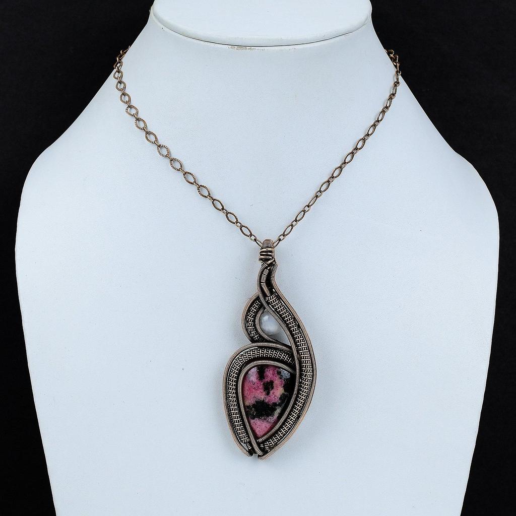 Rhodonite Pendant Copper Wire Wrapped Jewelry Handmade Pendant Rainbow Moonstone Jewelry Copper Wire Pendant Gemstone Jewelry Gift For Women