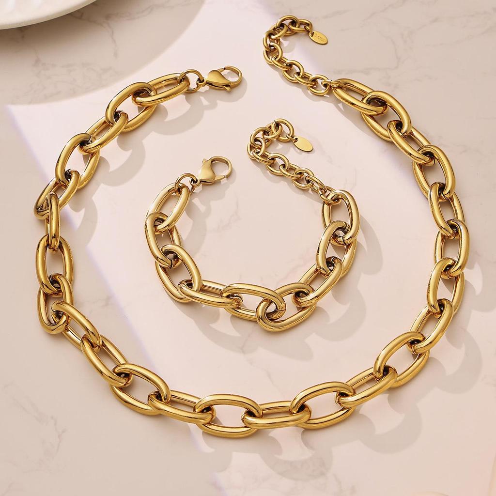 18K Gold-Plated Hip Hop Chain Necklace & Bracelet Set - European & American Style, Stainless Steel, Simple Luxury