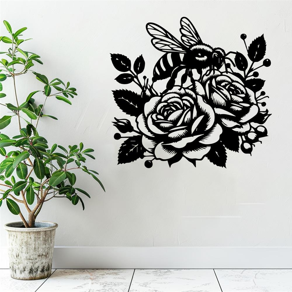 1pc Bee and Rose Metal Wall Art, Weather Resistant Iron Sculpture for Garden Patio Fence, Valentine Wedding Outdoor Decor