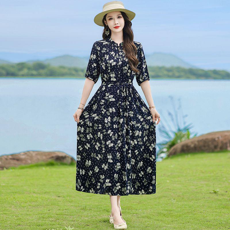 Kwiatowa Sukienka Midi Plus Size z Bawełny i Jedwabiu na Lato - Elegancki Chiński Styl