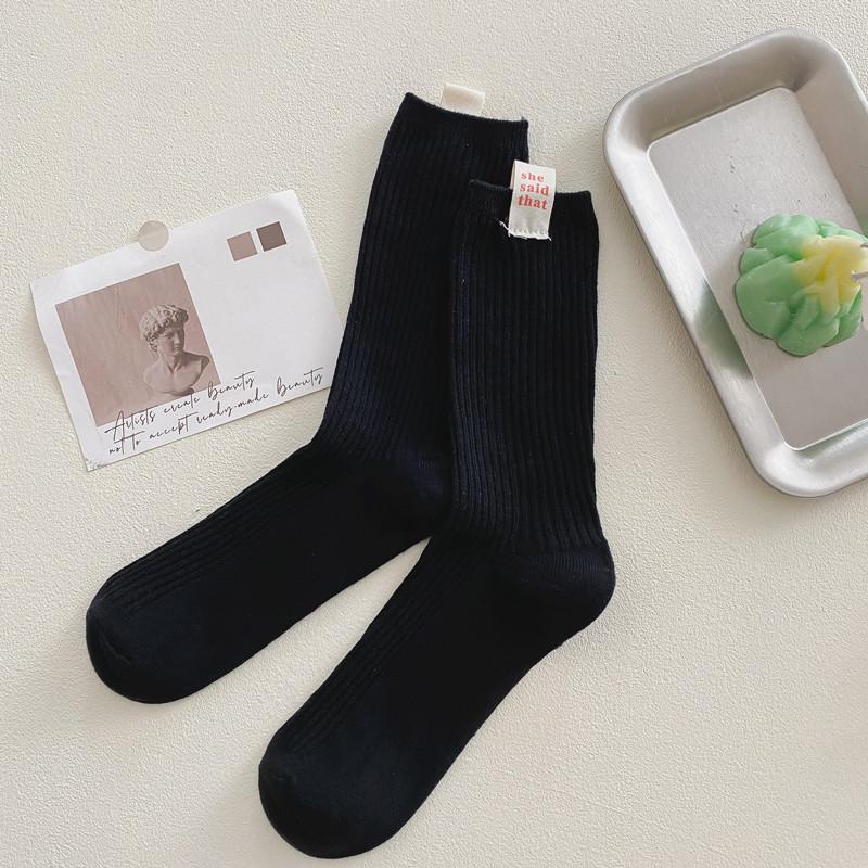 Internet Celebrity She Cloth Label Double Needle Socks Medium Socks Solid Color Stacked Socks