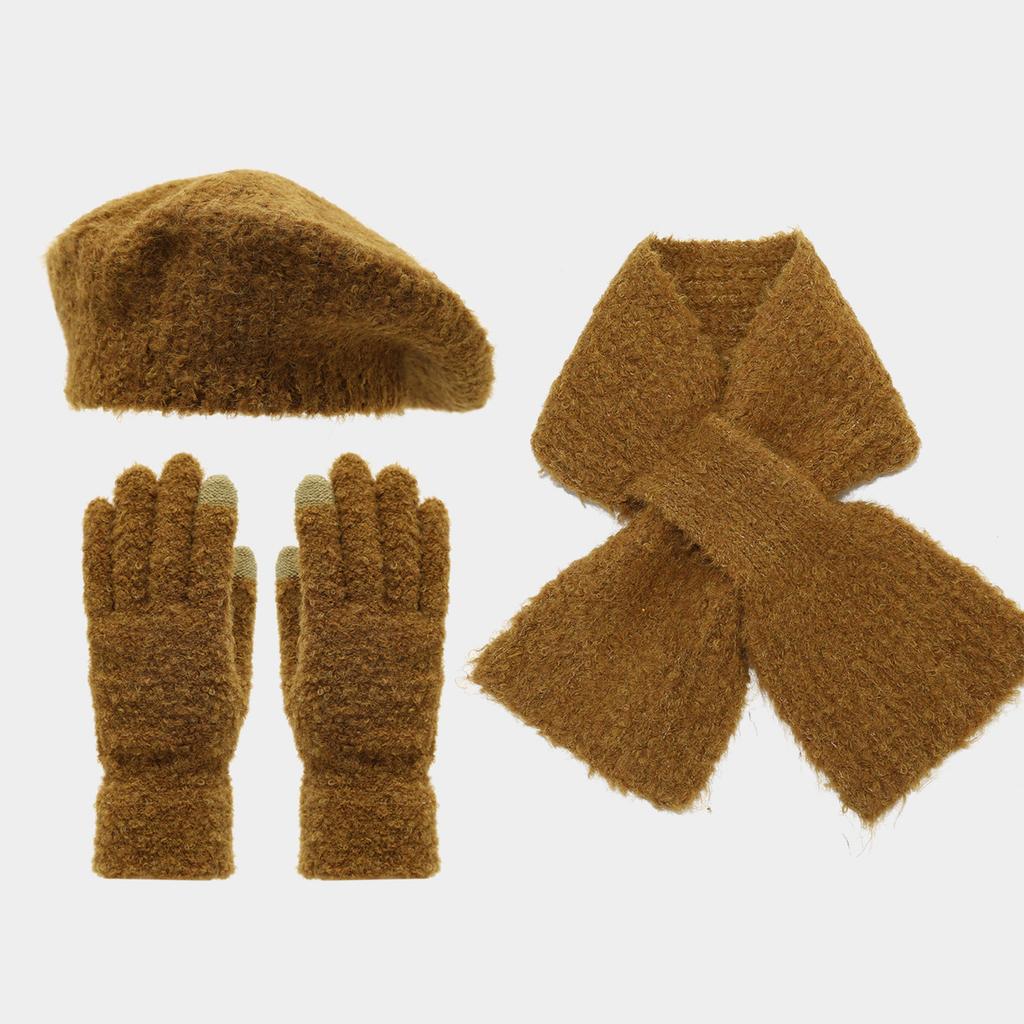 Women's 3-Piece Beret Scarf and Gloves Set, Warm Outdoor Casual Accessories for Cold