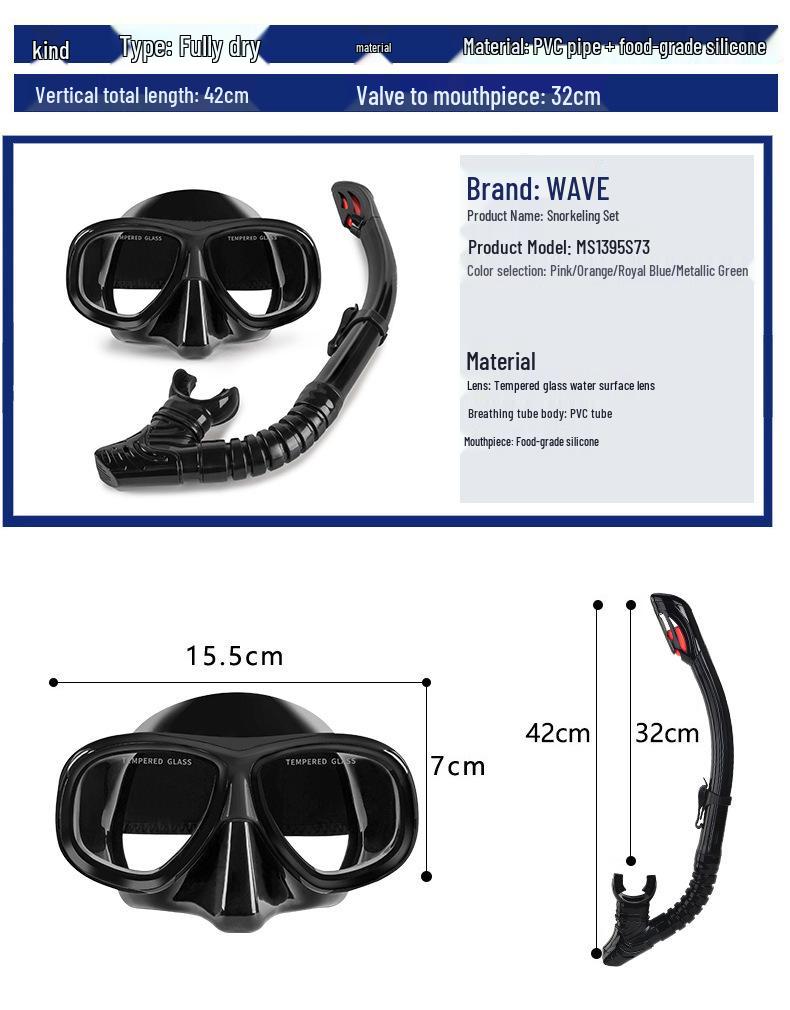 Wave Pro Snorkel Set: Silicone Dry Snorkel & Large Frame Prescription Diving Mask