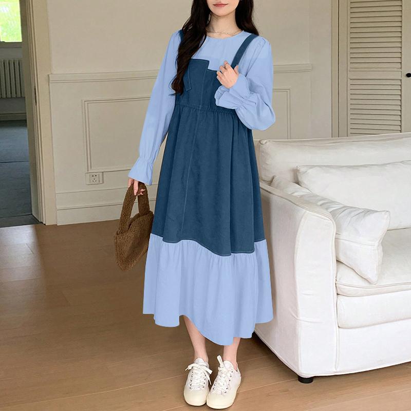 

VONDA Женские летние платья с круглым вырезом, длинным рукавом, имитацией двойки 4XL темно-синий