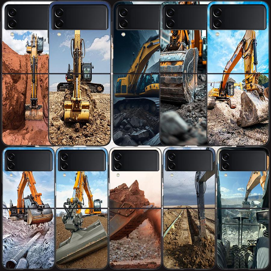 Construction Machinery Excavator Phone Case For Samsung Z Flip 7 6 5G Galaxy Z Flip 5 4 3 Black Hard Cell Cover Luxury PC Shell