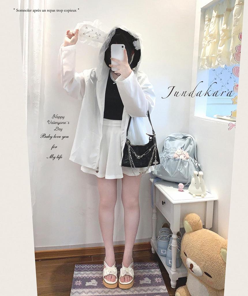 Jundakara Hoodie with Bunny Cute Long Lace and Subculture Sickly Korean White Women's Lace-Up Ears, Sleeves, Lightweight, Summer, Ruffles, Style,