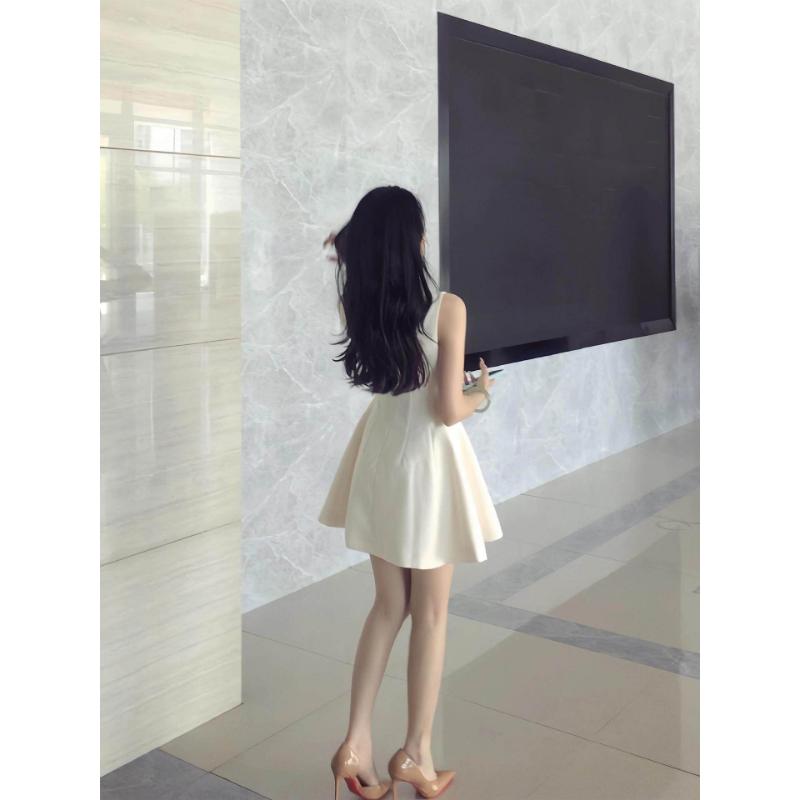 Women's Spring Summer Cream White Sleeveless Round Neck A-Line Mini Dress Elegant Casual Versatile Vacation Office Short Dress for Women