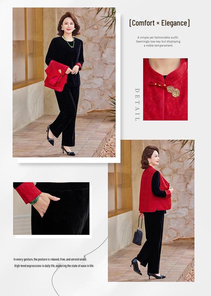 Elegant Gold Velvet Suit for Middle-Aged Women - Spring/Autumn Vest Top, Perfect for Mother-in-Law Wedding Banquet