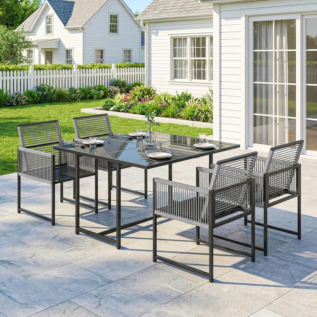 5 Pieces Garden Dining Set, Outdoor Patio Cube Set, 4 Seater Outdoor Table and Chairs with Foldable Backrest, Light Grey