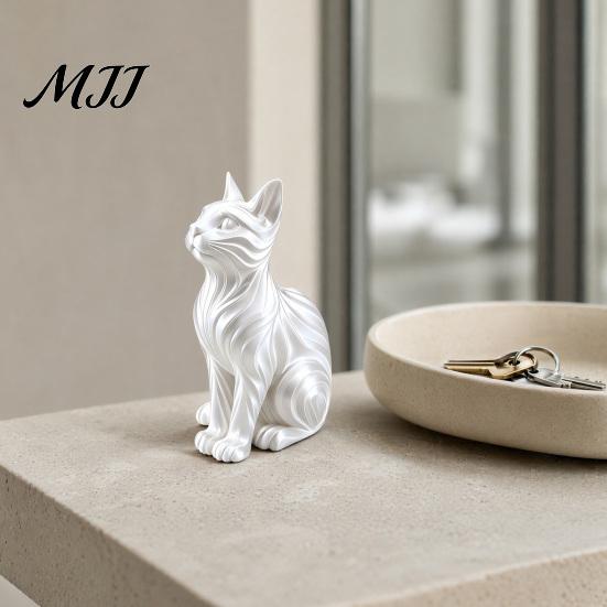 Bay Window Cat Statue 3D Printed with Wavy Fur, Modern Sitting Figurine for Showcase Decor Bookshelf Decor, Minimalist Art Sculpture Home Office, Gift