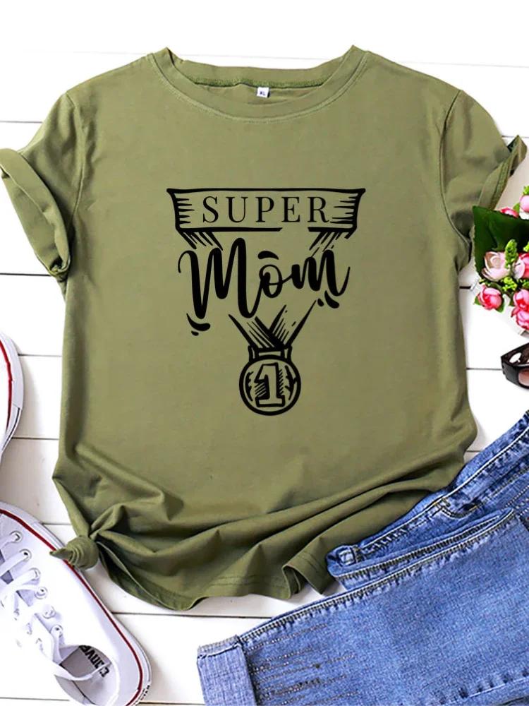 SUPER MOM NO.1 Print Women T Shirt Short Sleeve O Neck Loose Women Tshirt Ladies Tee Shirt Tops Clothes Camisetas Mujer