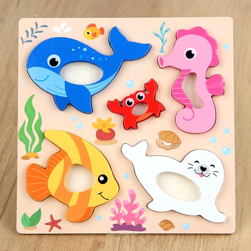 Montessori 3D Wooden Puzzle Cartoon Animals Pattern Jigsaw Board Game Kids Educational Learning Toys Gifts for Children