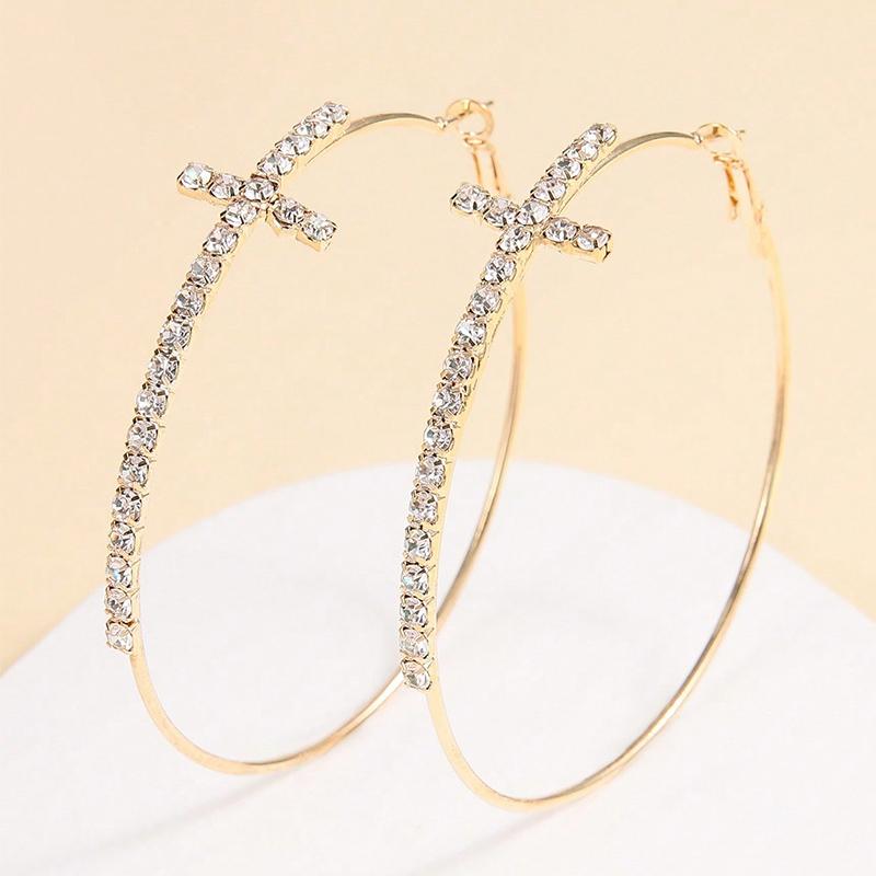 

Obega Cross Hoop Earrings Shiny Cubic Zircon Gold And Silver-Color Exquisite Statement Jewelry Daily Wear Woman Round Earring